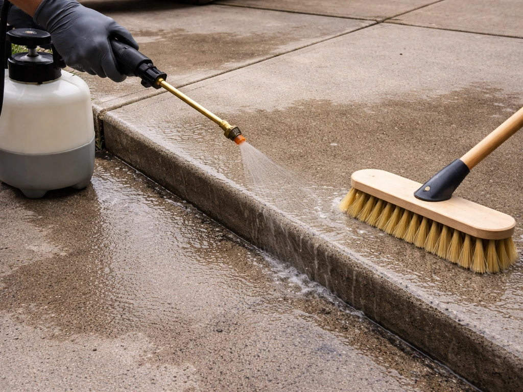 Close-up of a wet concrete patio edge being sprayed with diluted bleach and brushed evenly.