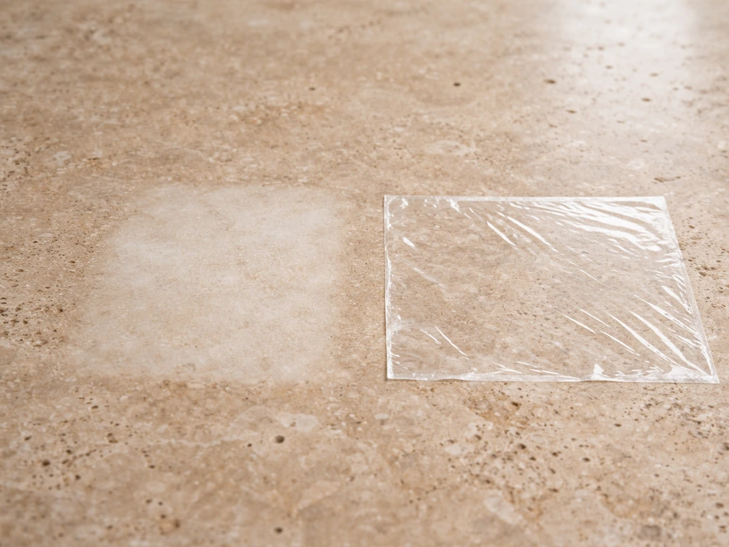 Travertine surface close-up with a small bleach test patch showing early light etching next to protected area.