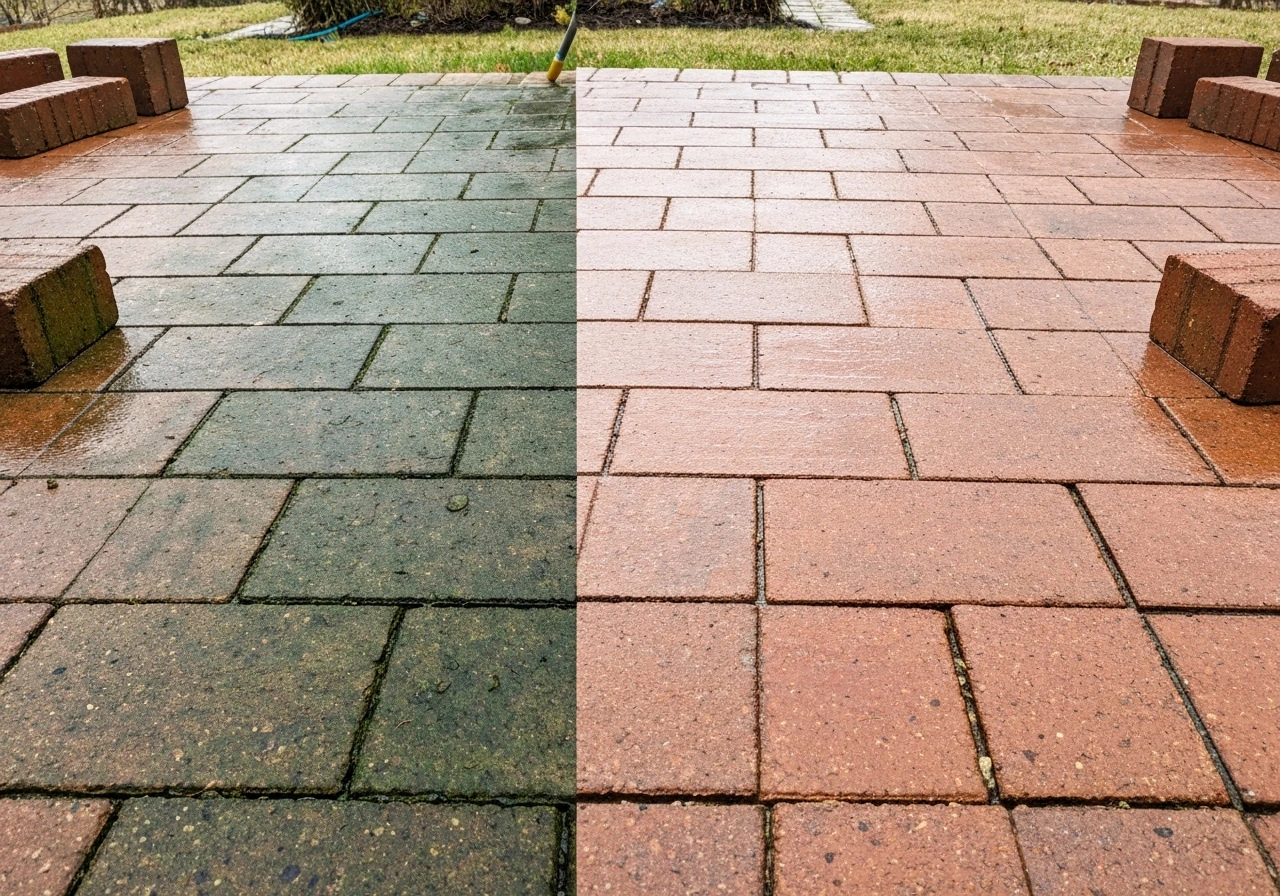 Split view of a brick patio before and after algae removal, showing green growth vs clean mortar lines