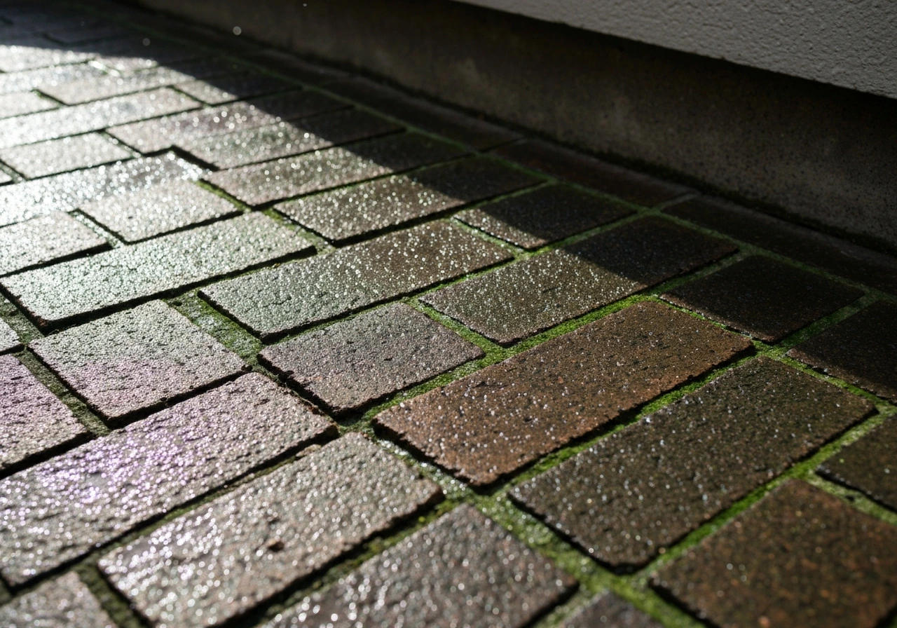Shaded damp brick patio corner with visible green algae along mortar lines