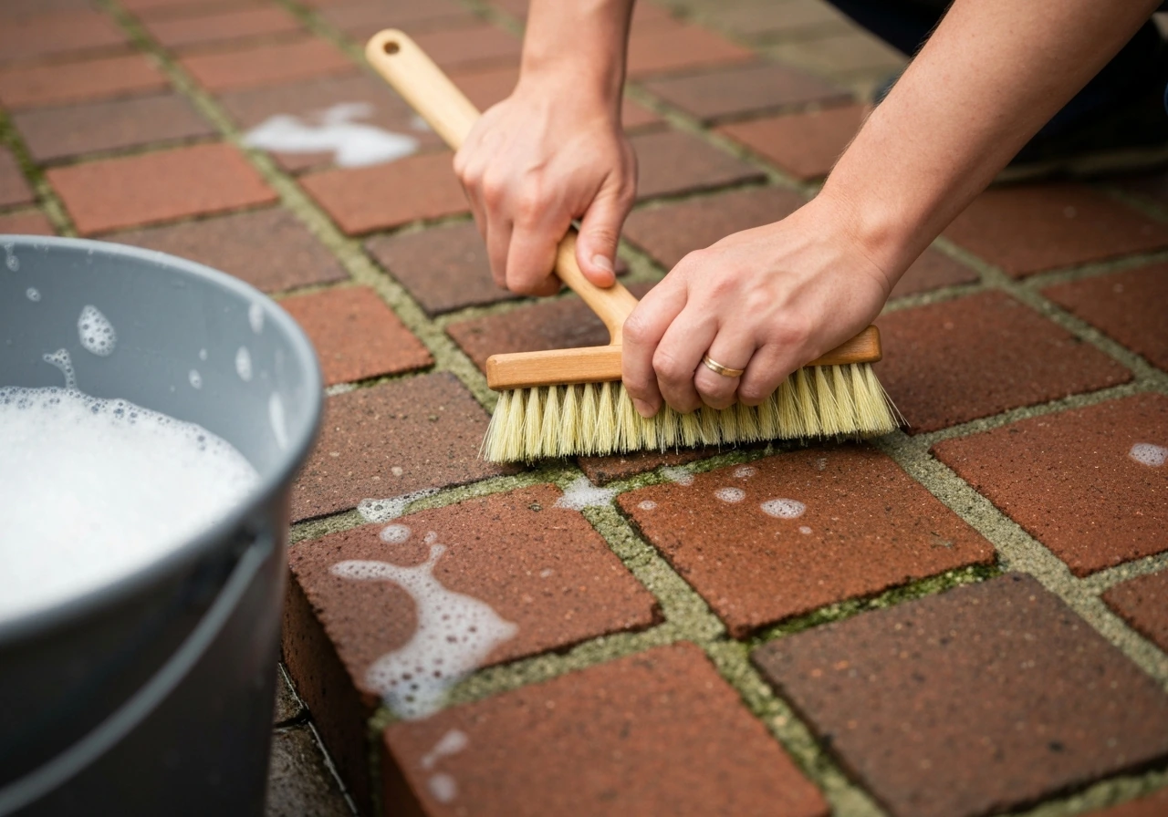 Person scrubbing algae off brick joints with a stiff brush and warm soapy water.