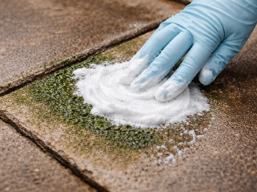 Gloved hand spreads thick baking soda paste onto green algae spots on a patio surface.