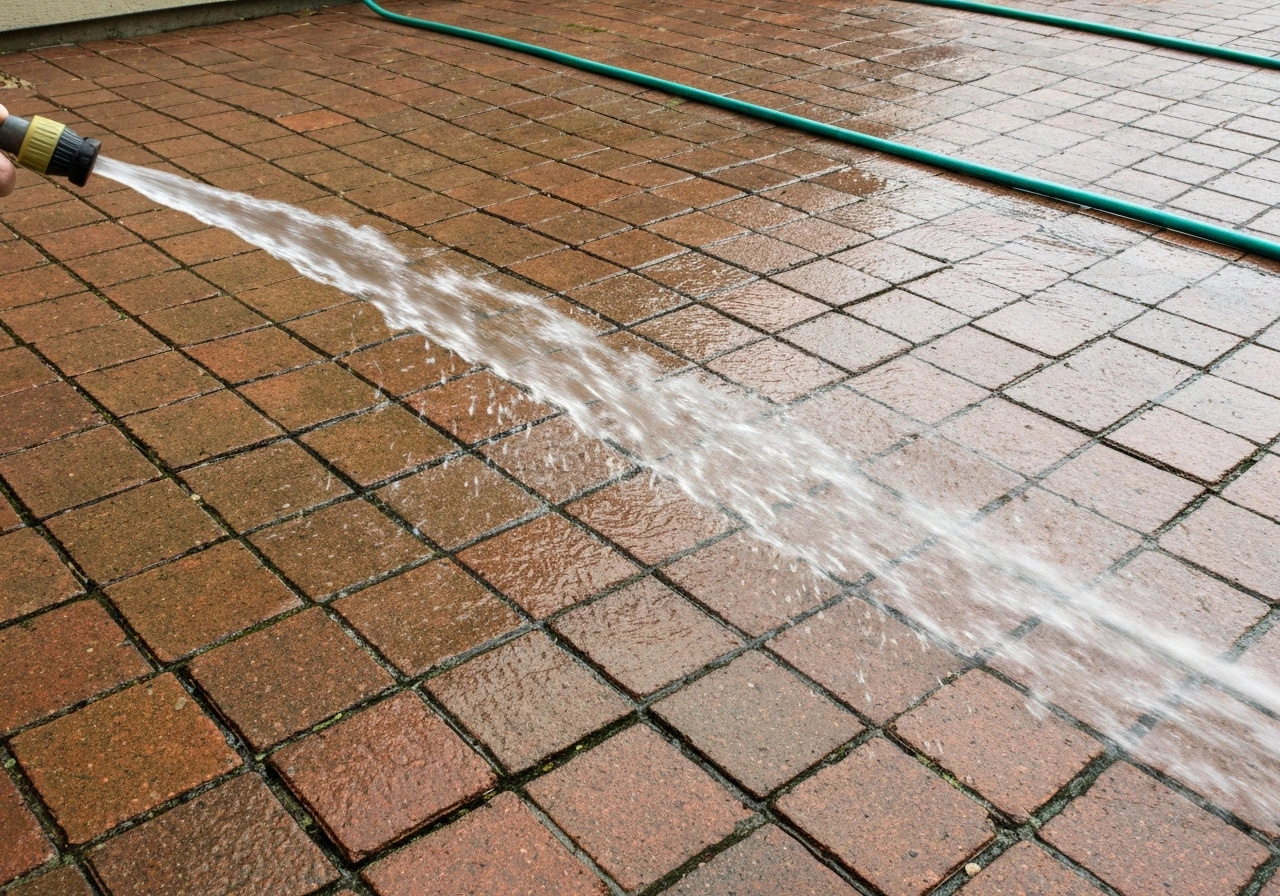 Garden hose stream rinses algae-cleaned brick patio, water sweeping across the surface