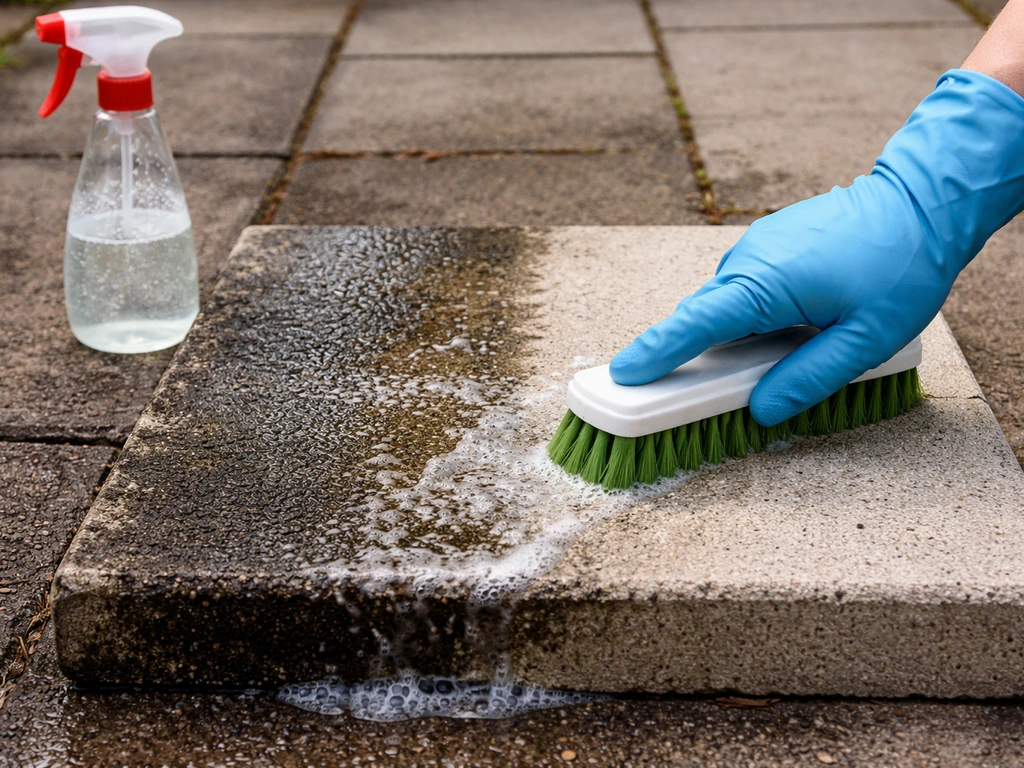Mould-streaked patio concrete being scrubbed with a brush and cleaner spray bottle nearby.