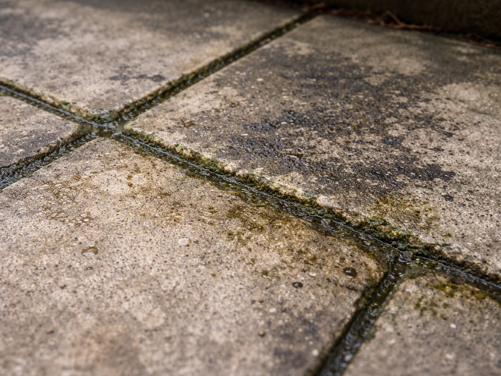 Close-up of patio slabs showing dark mould and green algae growth along seams and shaded areas.