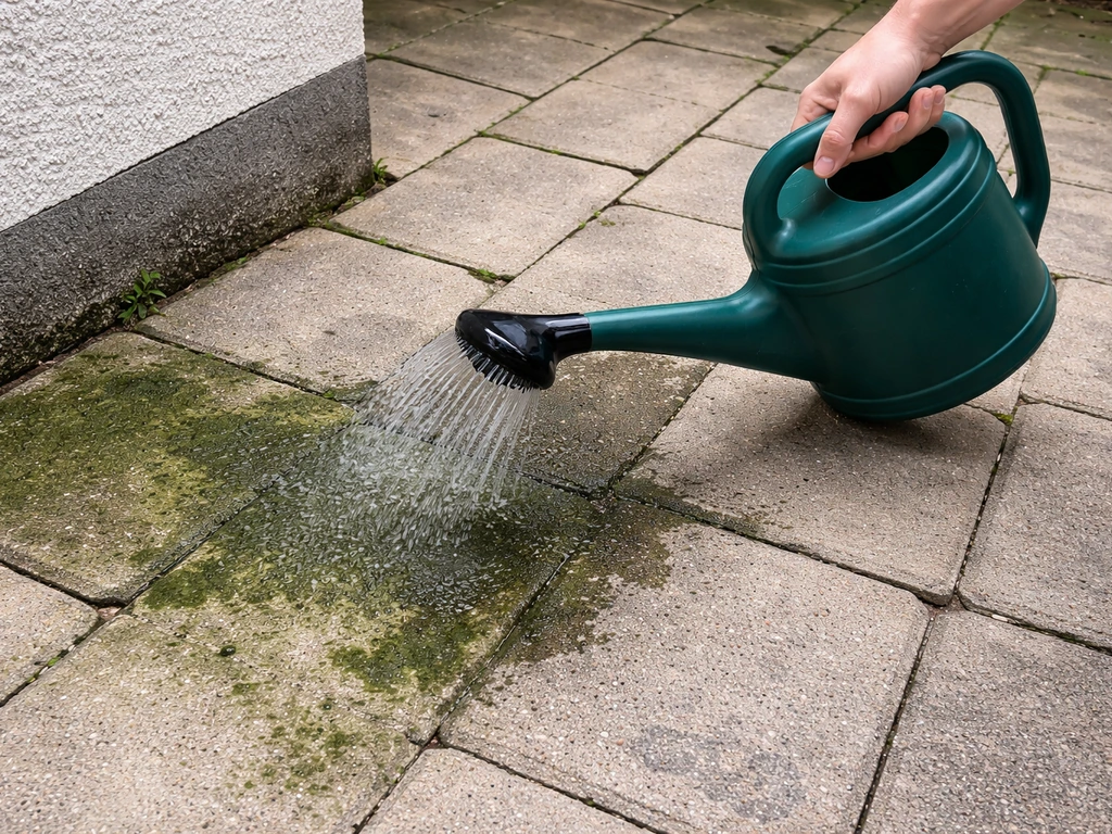 Hand watering diluted white vinegar onto early mould on patio pavers, with damp darkened patches visible.