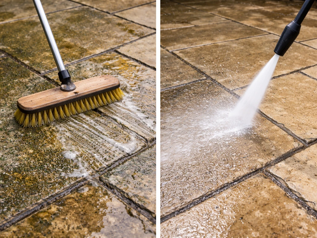 Split view of a deck brush scrubbing patio mold on one side and a pressure washer blasting grime on the other