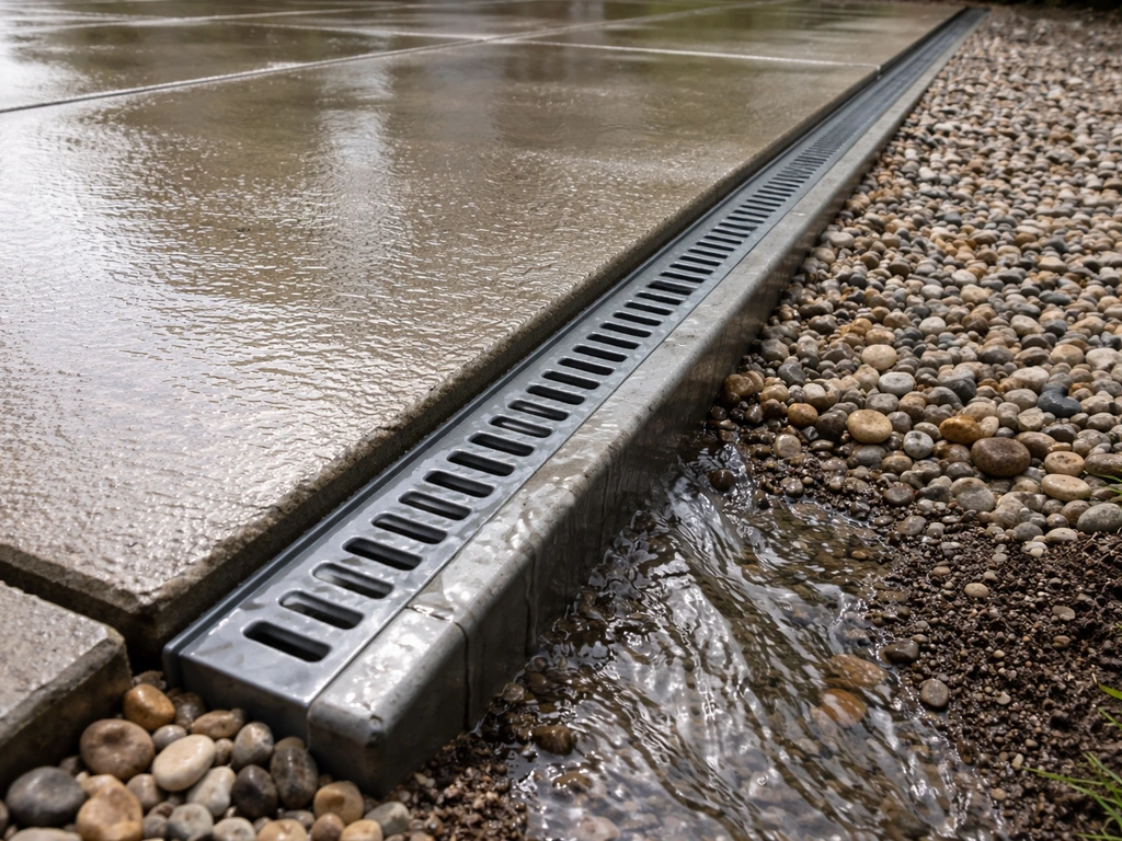 Patio surface with visible water runoff path redirected away by improved drainage edge