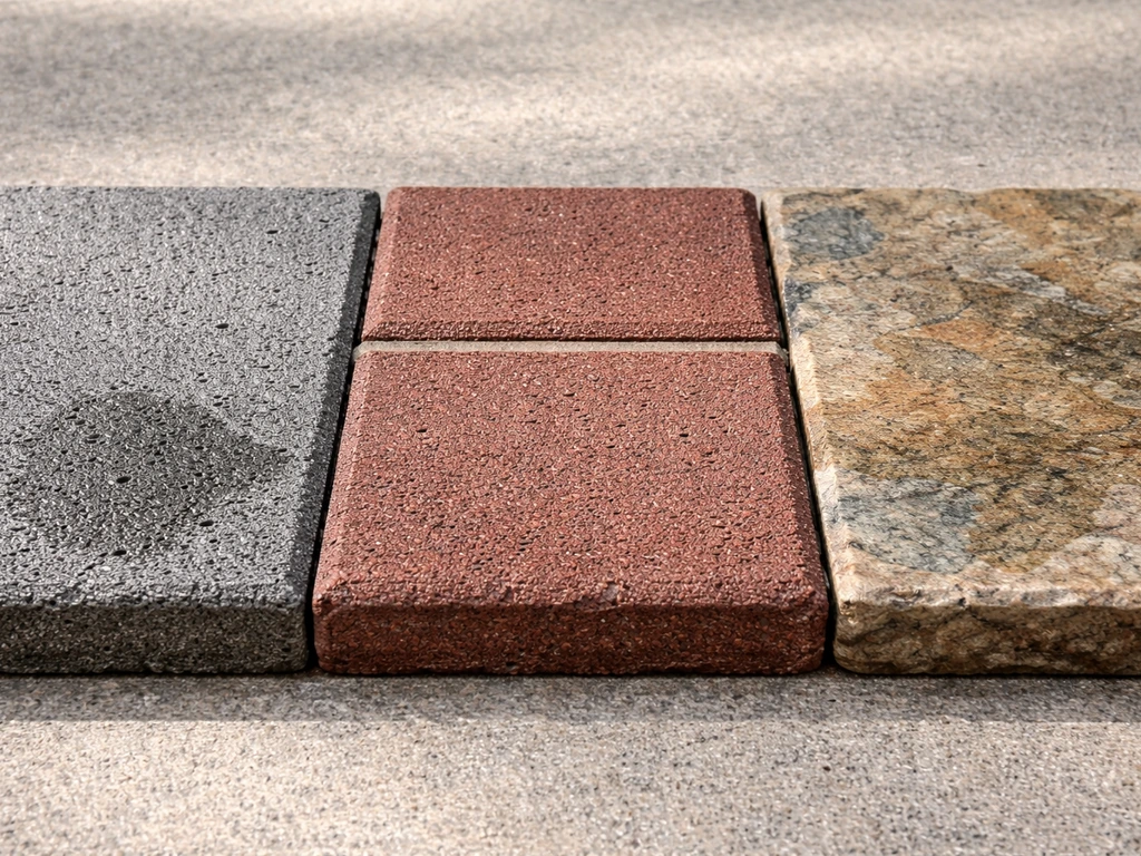 Close-up of concrete, brick, and natural stone patio materials showing different textures and absorbency