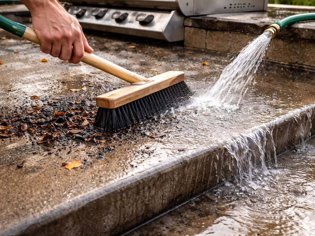 Broom sweeps debris off a patio grill surface while a hose rinses it clean right after grilling.
