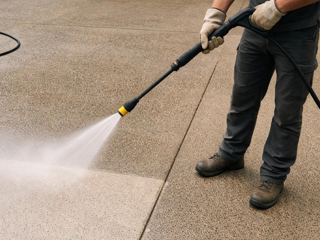 Technician pressure-washing a concrete surface with a nozzle held at a safe distance and angle
