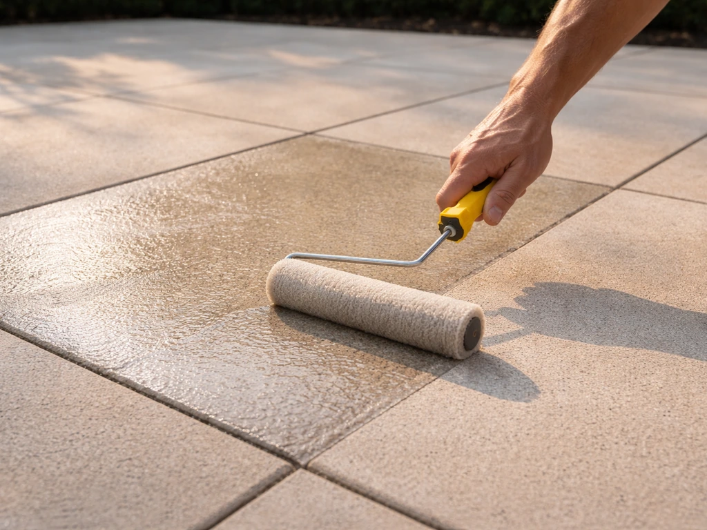Hands roll clear sealer on a dry patio, showing a glossy sealed area next to a matte unsealed section.