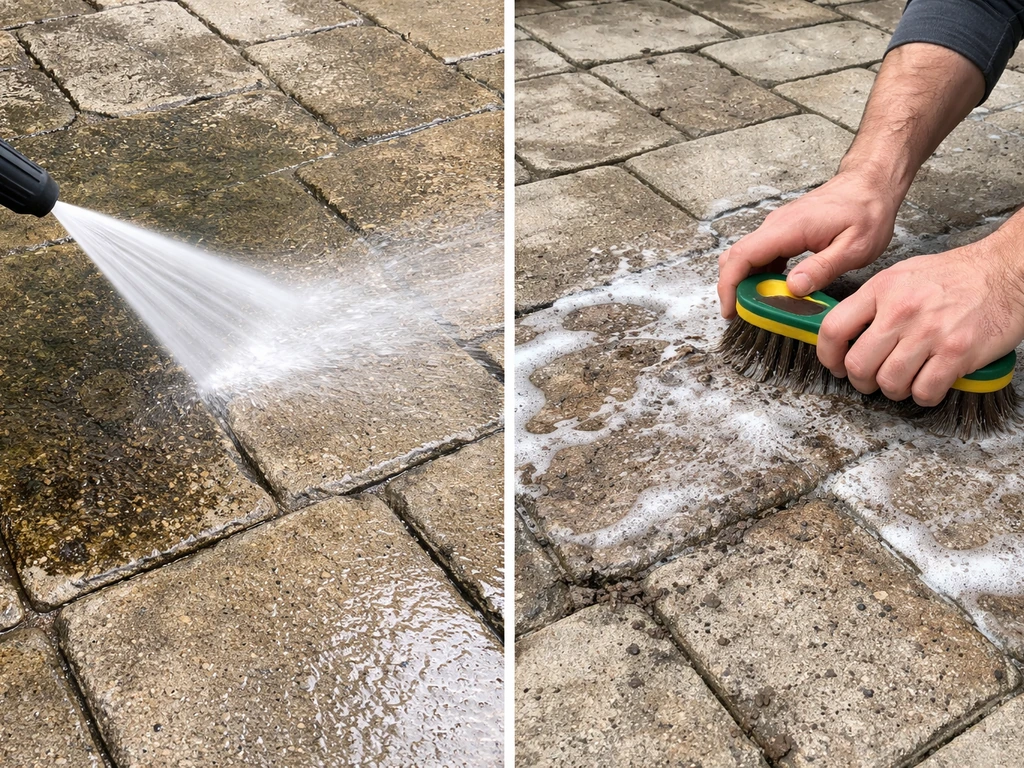 Split scene of a pressure washer rinsing pavers and hand scrubbing another paver section with a stiff brush.