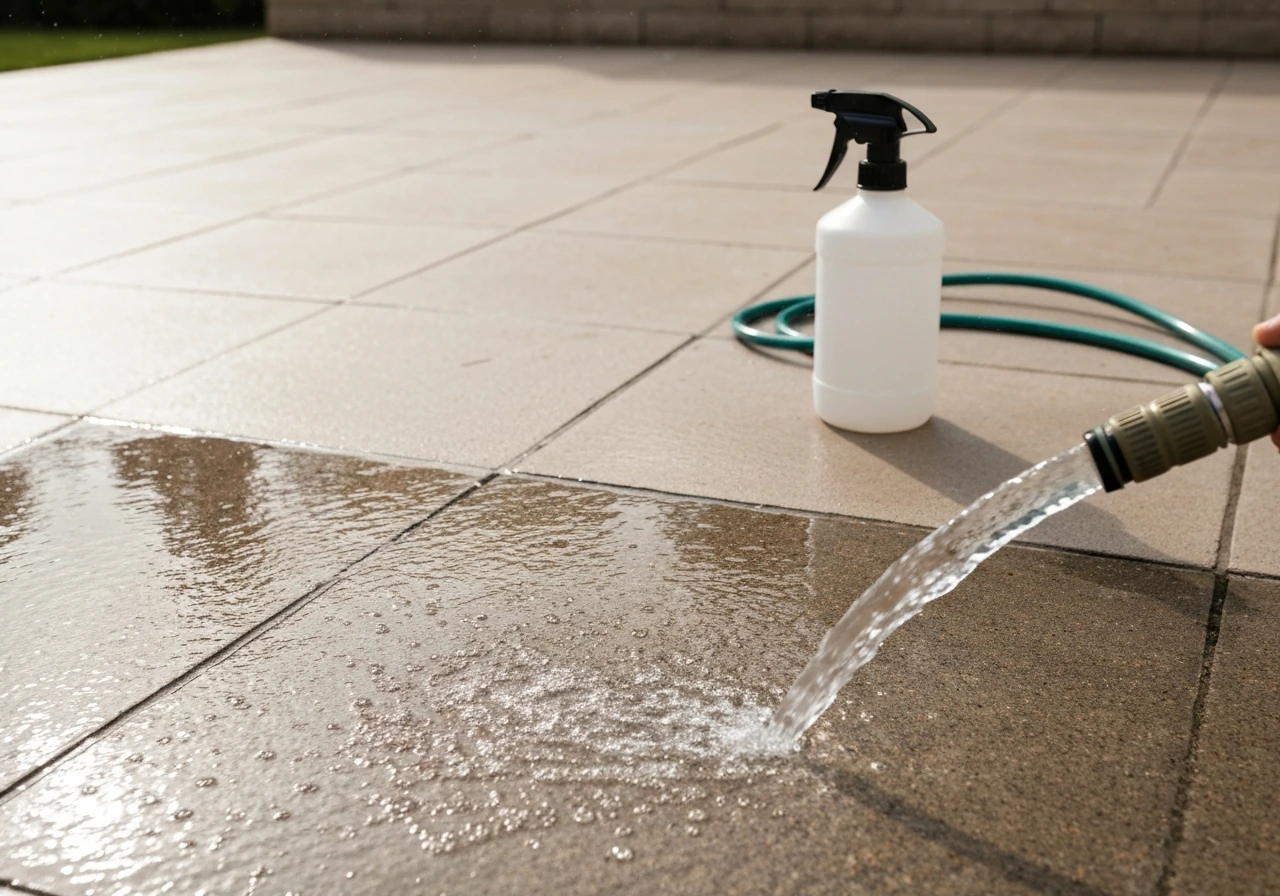 Patio tiles pre-rinsed with a hose, with a bleach sprayer bottle and nozzle nearby