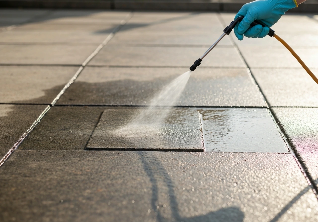 Closeup of diluted bleach on a concrete patio, damp dwell zone with wet sheen from a pump sprayer.