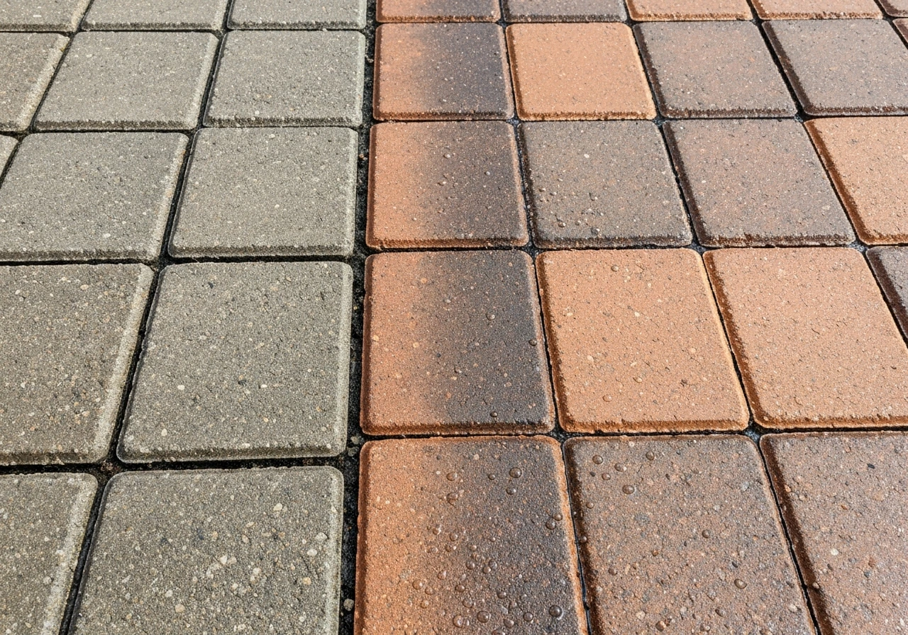 Close-up of concrete and clay paver joints evenly soaking bleach solution, showing darker clay absorption.