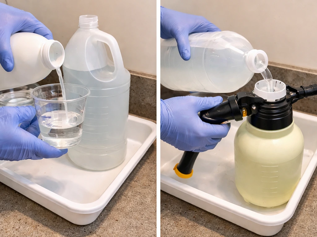 Person measuring bleach into a water jug, then pouring into a garden sprayer for diluted cleaning.