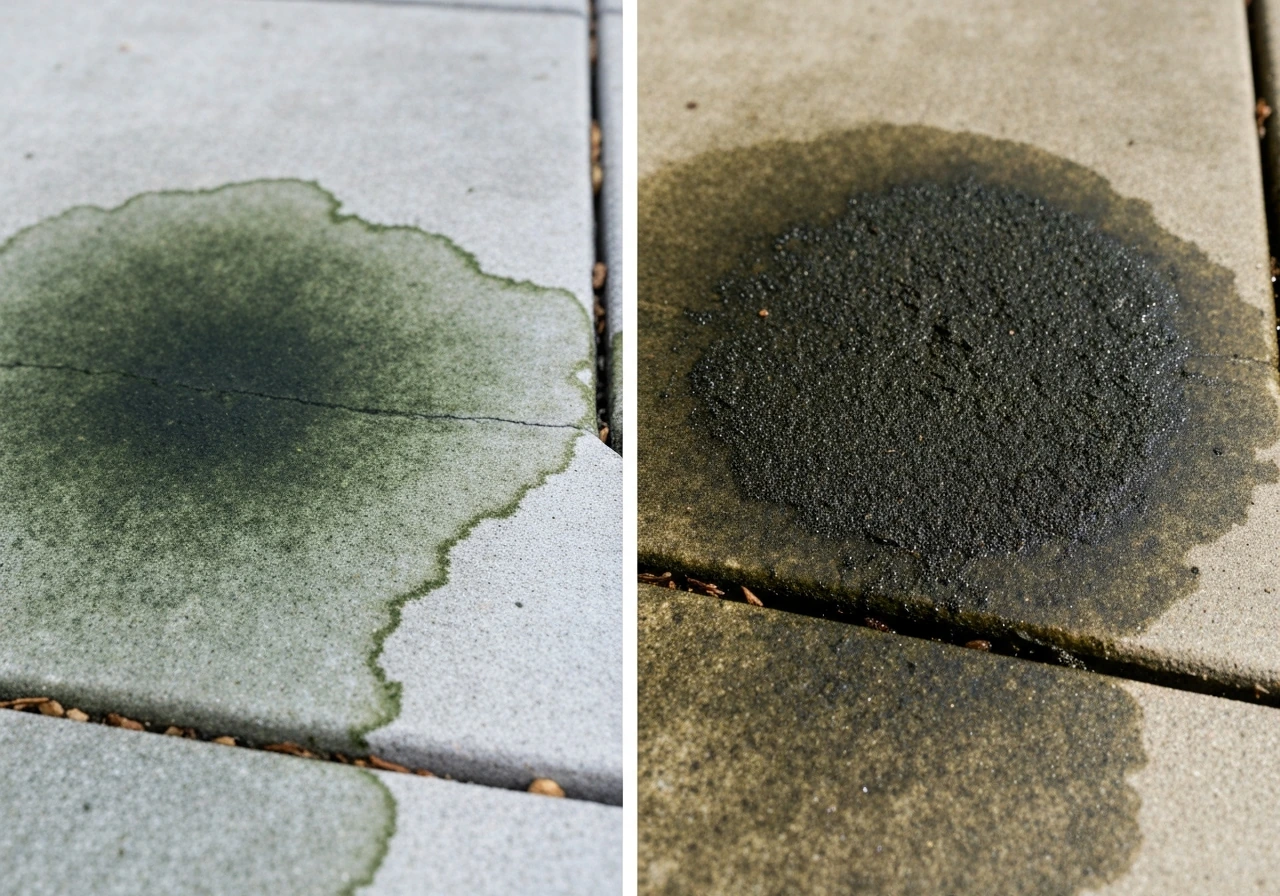 Split scene: patio algae/mold lightens after bleach vs still-dark growth from insufficient contact time.