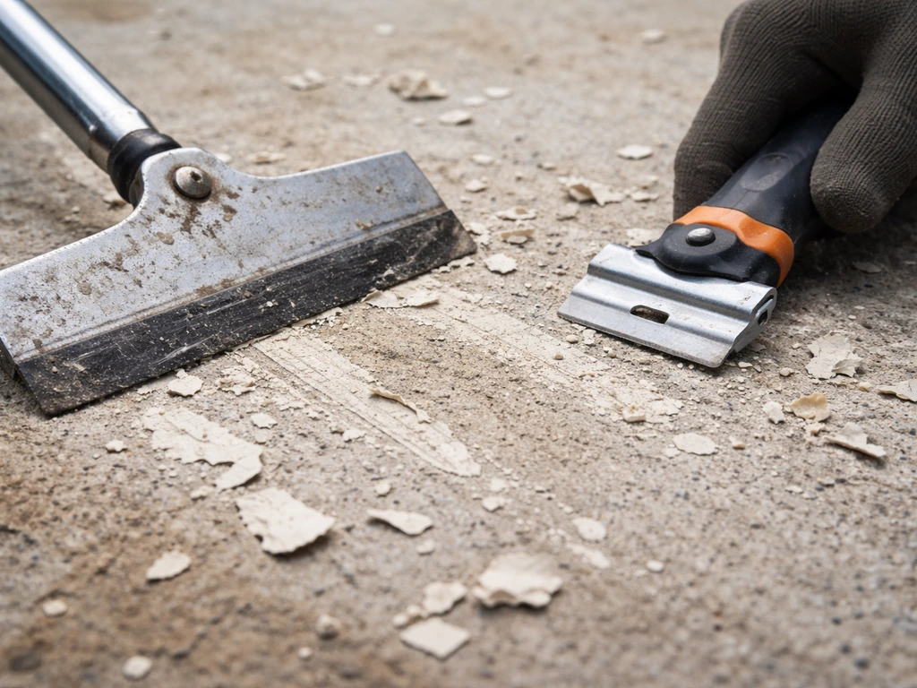 Close-up of metal and razor-blade scrapers removing flaking paint from a concrete surface.