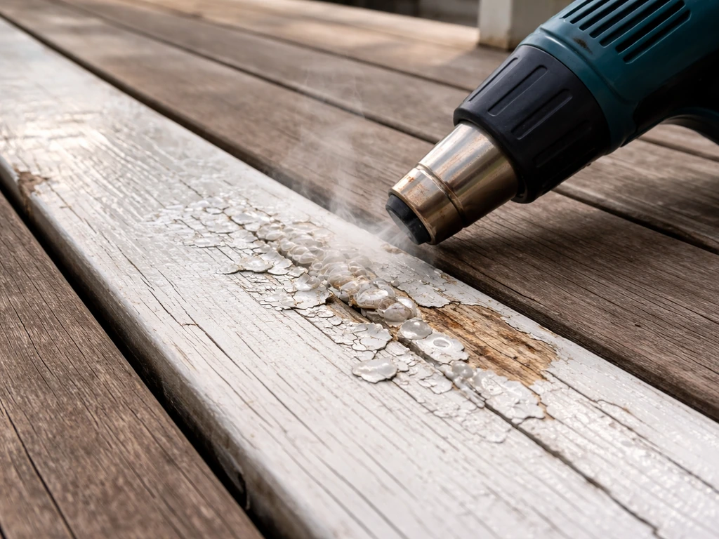 Heat gun warming bubbling paint on an outdoor wood deck board, steam rising before scraping.