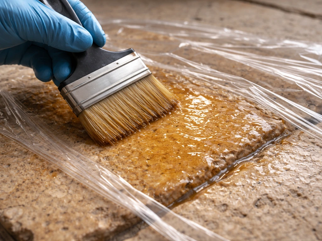 Gloved hand brushing chemical stripper onto travertine/flagstone, covered with plastic wrap for dwell time.