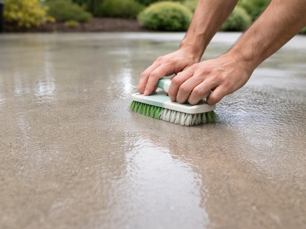 Clean patio concrete with residue removed, hands scrubbing with a brush and surface ready to rinse.