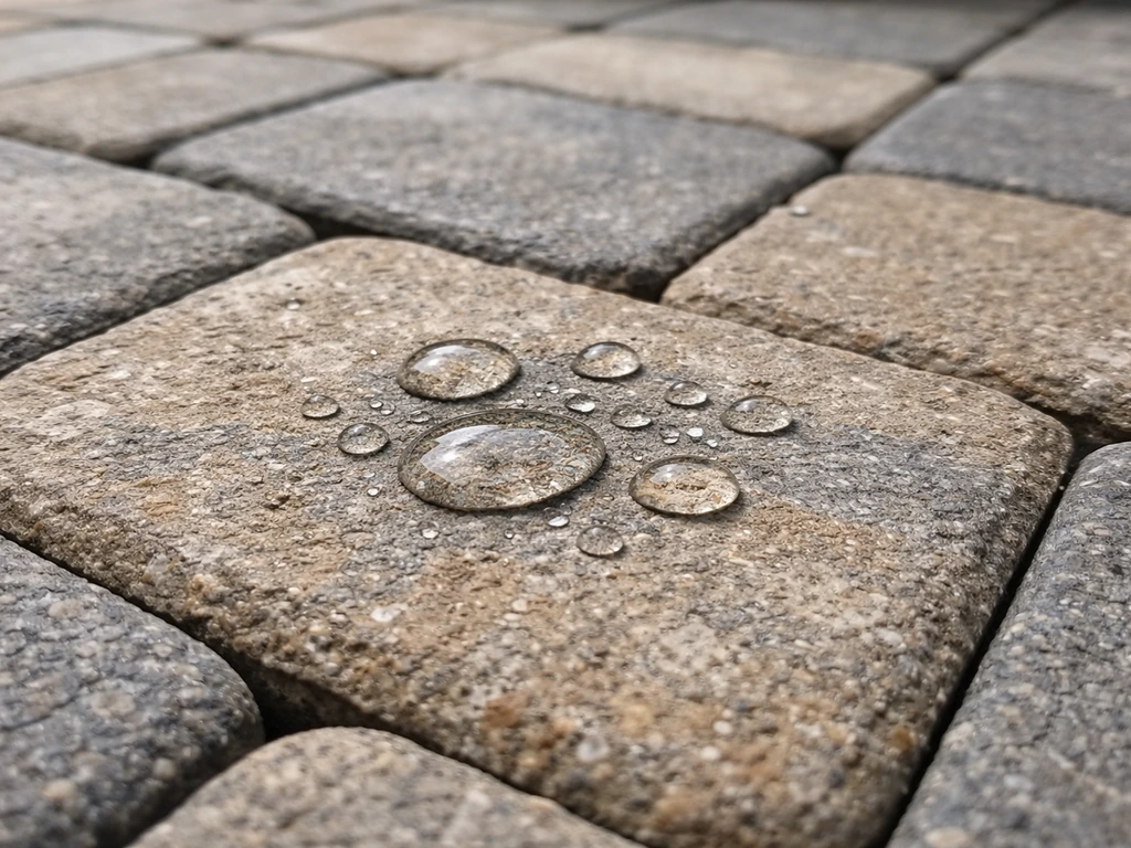 Patio pavers with a small water-bead test showing water beading on a sealed surface