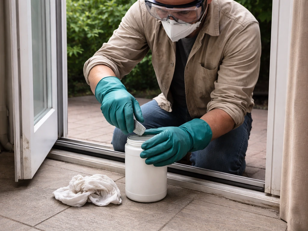 Person wearing chemical-resistant gloves and eye protection beside a patio door with open ventilation.