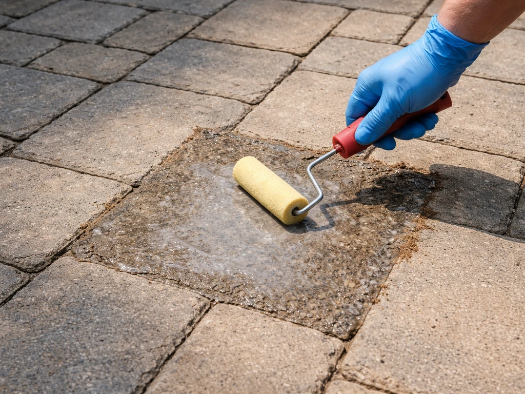Brushed water-based alkaline sealer stripper on a small patio test patch as loosened film lifts