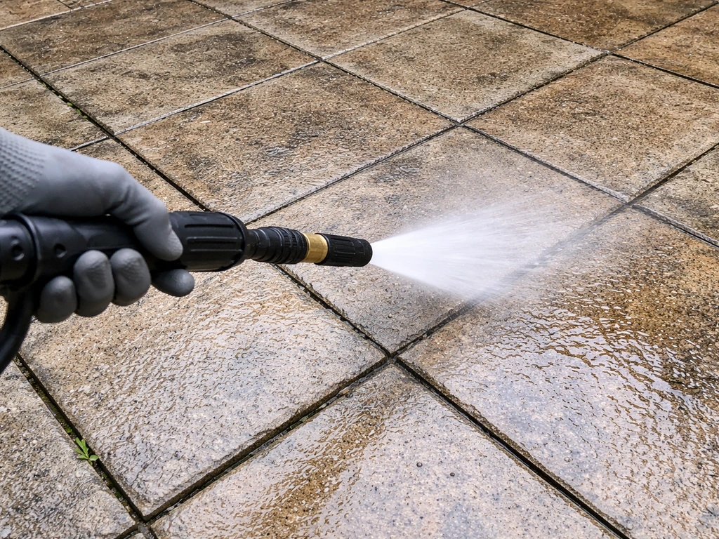 Pressure washer nozzle held low and angled during a careful rinse on patio stone pavers