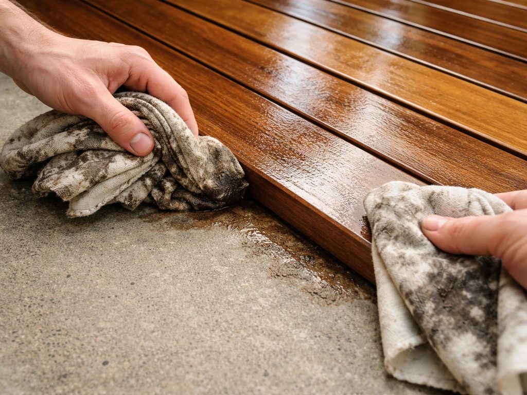 Close-up of hands blotting wet wood stain on concrete with old rags, outside-edge inward technique.