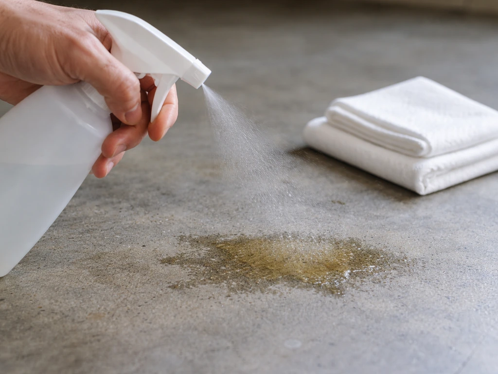 Enzymatic cleaner sprayed onto a concrete pet-urine stain with blotting cloths nearby
