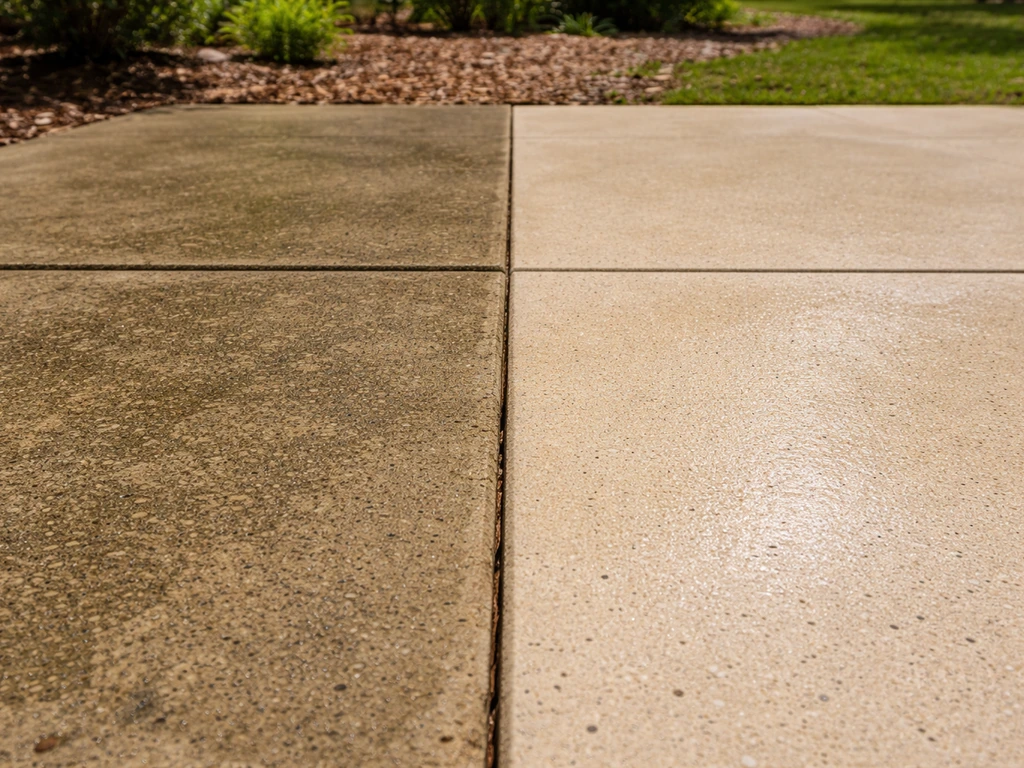 Concrete patio surface with dark stained left half and lighter cleaned right half in sunlight.