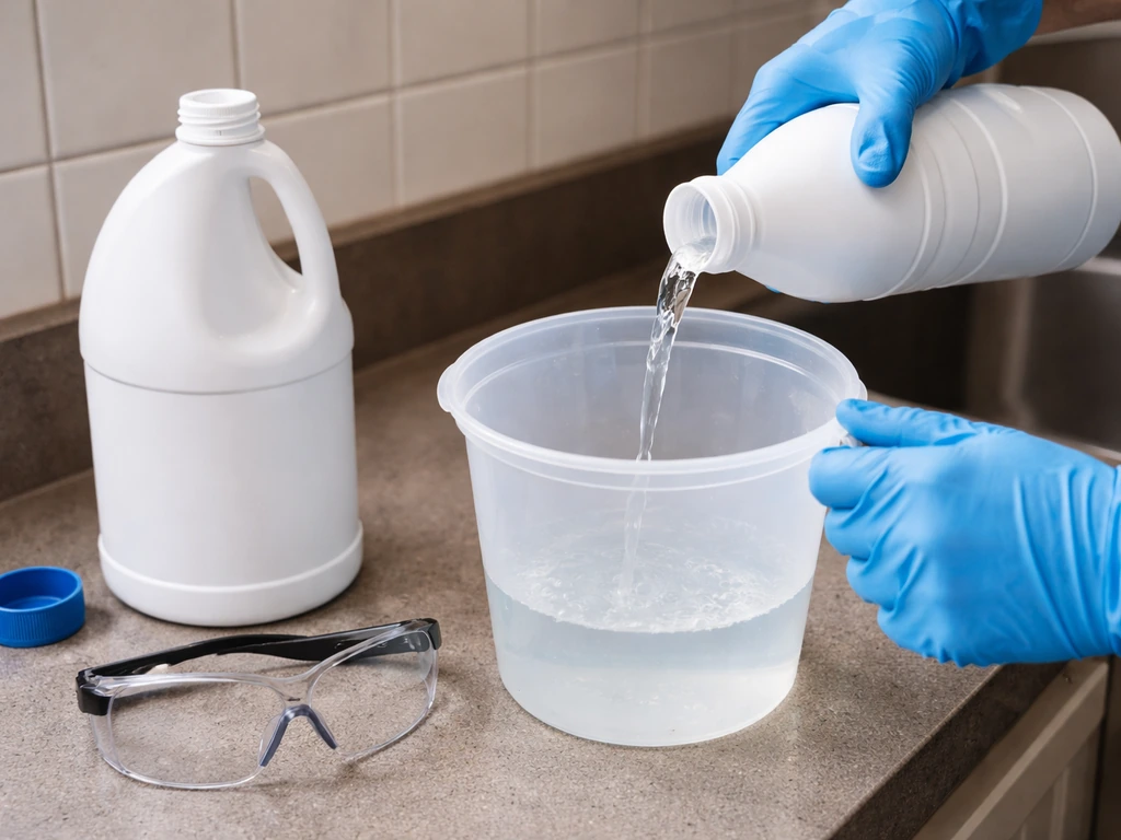 Gloved hands and safety glasses beside an opened bleach bottle and a plastic mixing bucket at a sink.