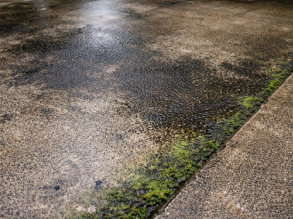 Close-up of black and green patches on shaded concrete showing mold, mildew, and algae.