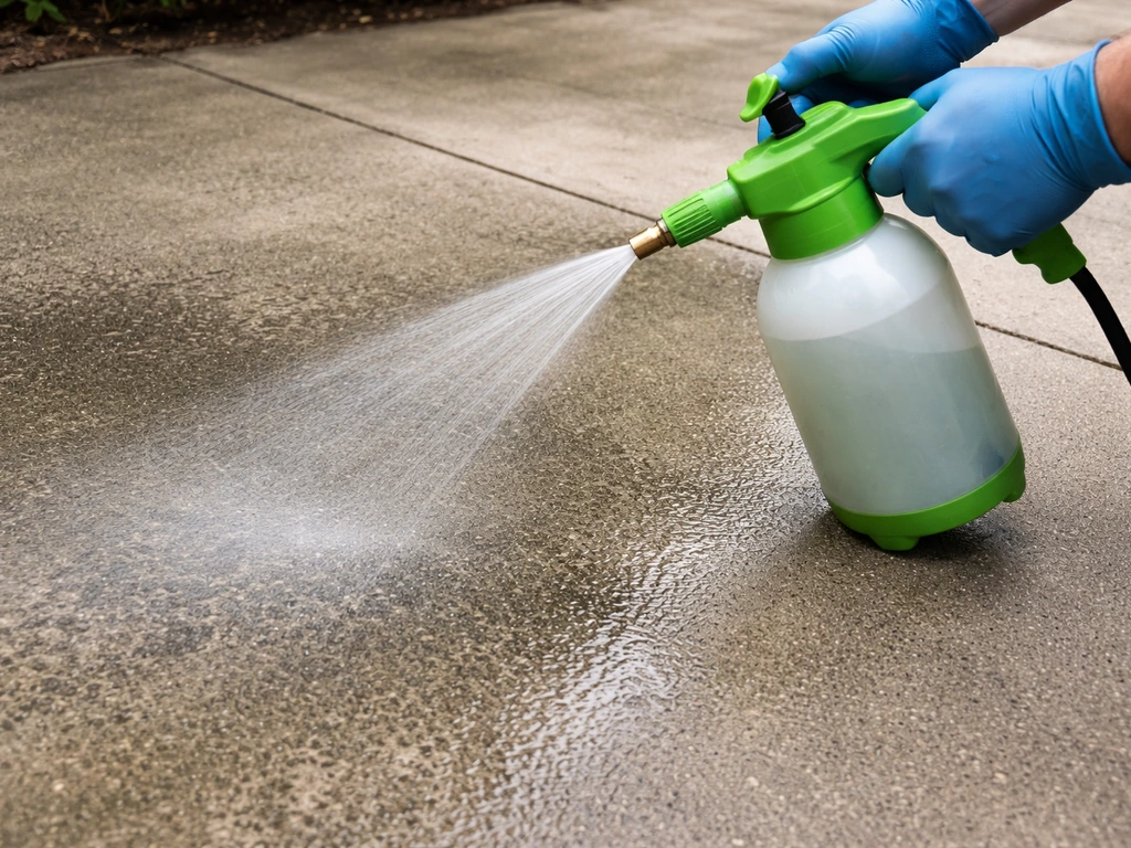 Gloved hands spraying diluted bleach onto a gray concrete patio, creating an even wet mist.