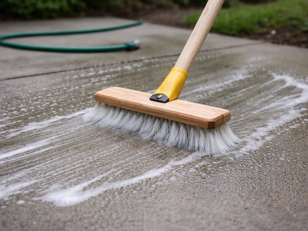 Close-up of a stiff-bristled deck brush scrubbing bleach-treated concrete patio.