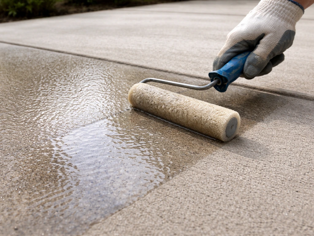 Gloved hand rolling a clear sealer onto a clean concrete patio surface in natural light.