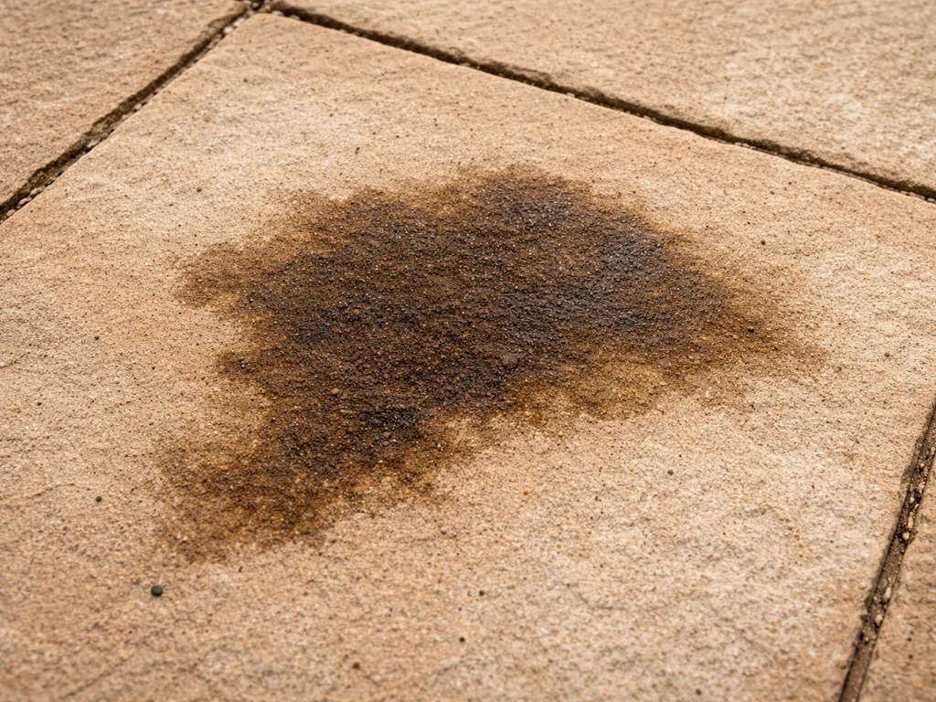 Close-up of a sandstone patio slab with a visible oil stain and surrounding clean porous stone texture.