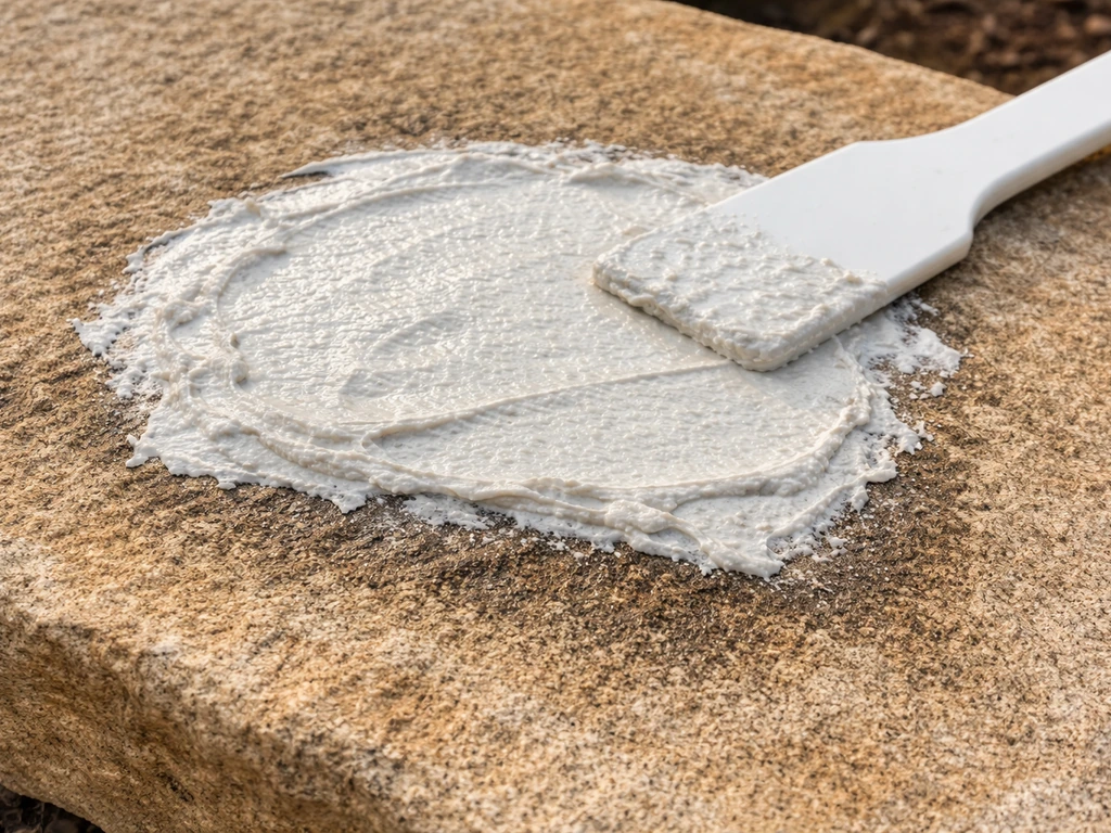 Thick off-white poultice mixture spread over a sandstone stain with a spatula, ready for dwell time.
