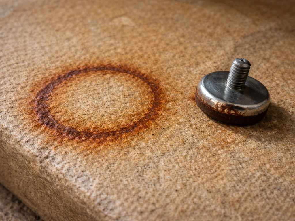 Rust ring on sandstone with a small removed metal foot/fastener nearby to prevent re-staining.
