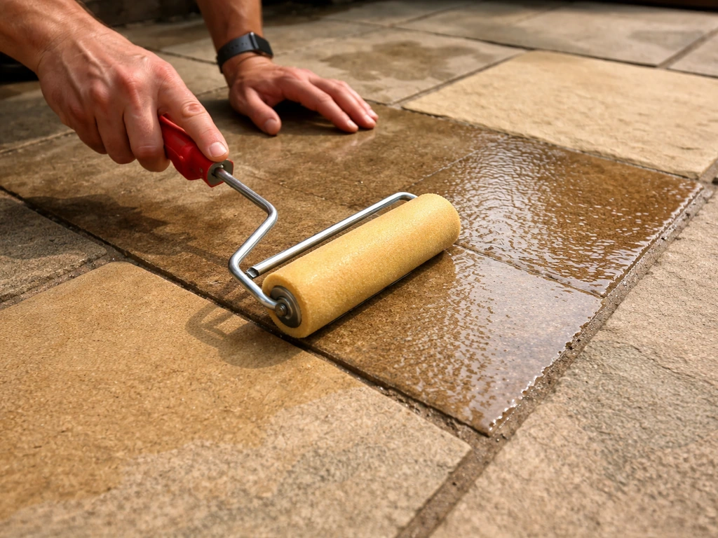 Hands roll a penetrating sealer onto a sandstone patio, leaving a uniform wet sheen for absorption.