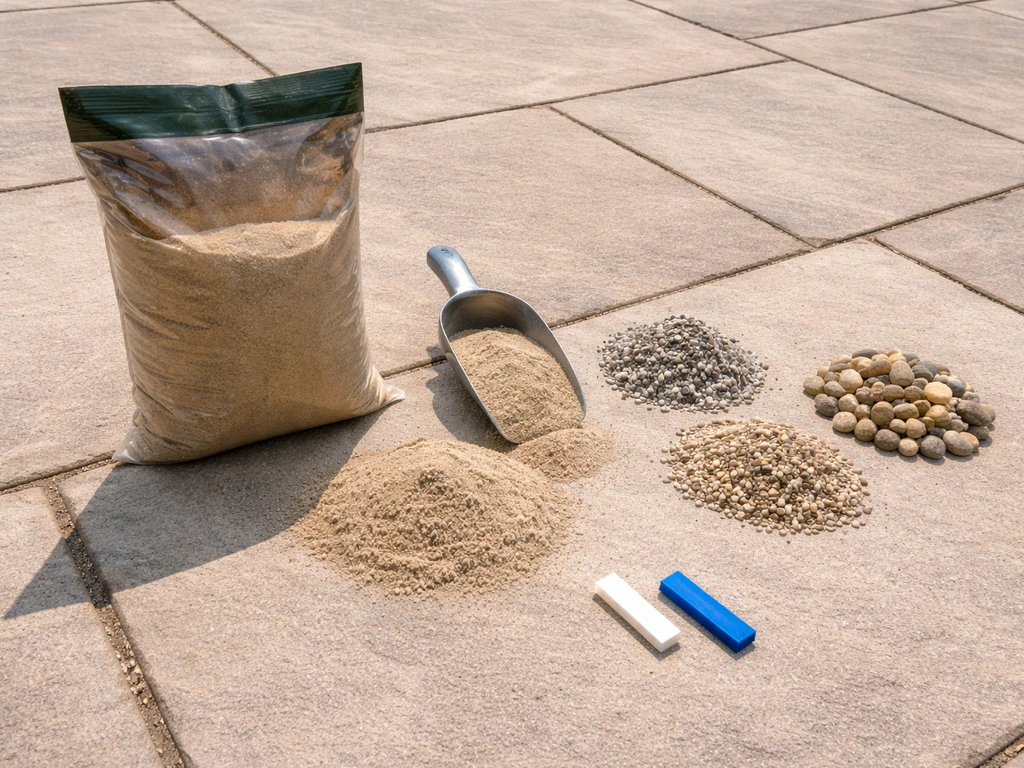 Top-down view of patio jointing materials and a small piece of spacer measuring joint width.