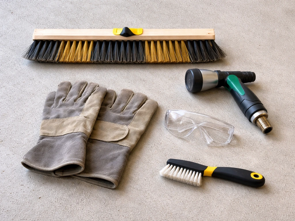 Flat lay of grout tools and safety gear: stiff brush, fine-mist hose nozzle, gloves, eye protection, joint brush.