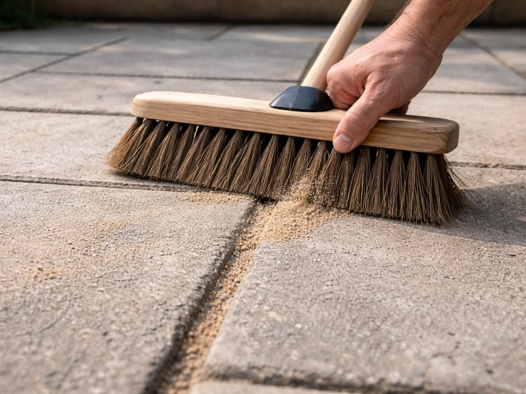 Close-up of a broom pushing dry jointing sand into patio slab joints