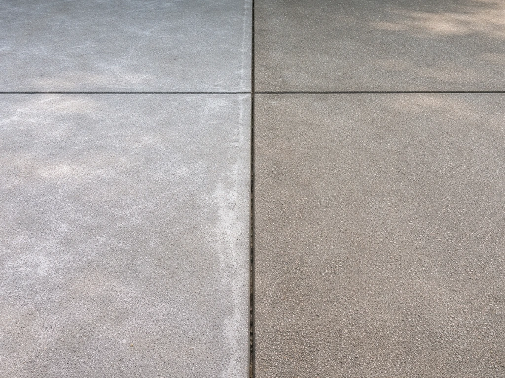 White polymer haze on a patio slab beside a cleaned, brushed area after fixing grout.