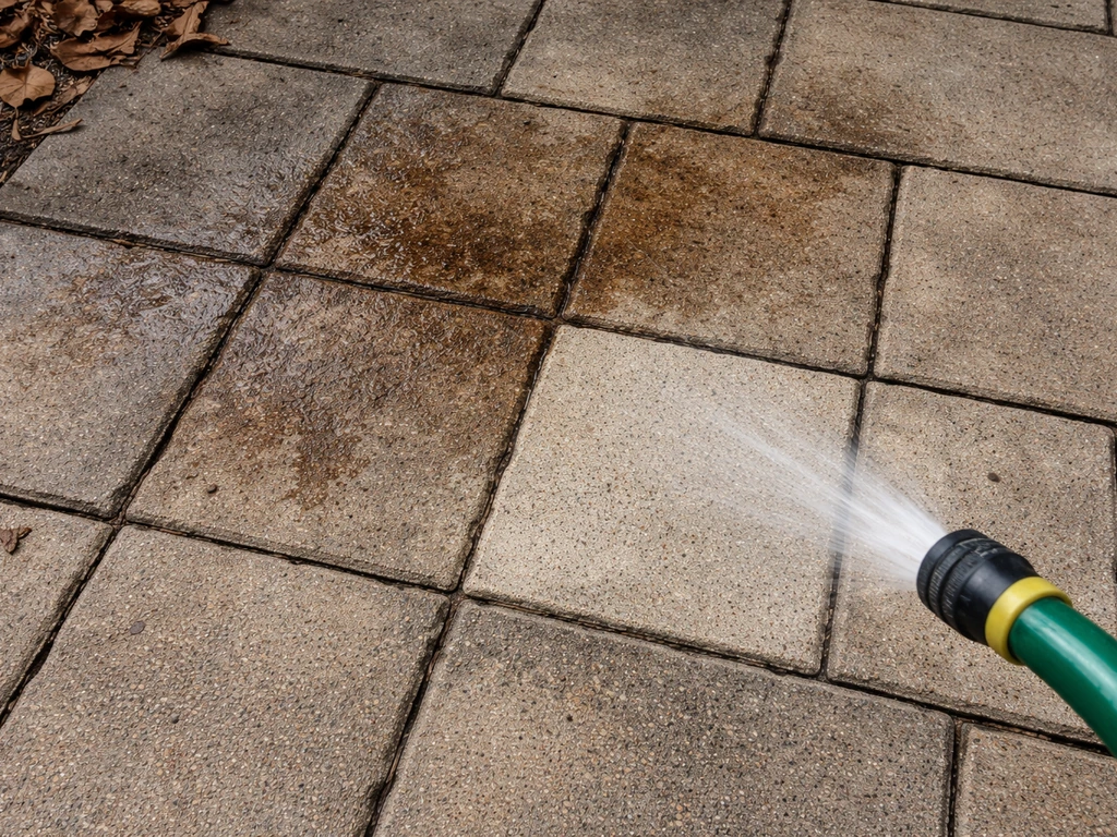 Concrete patio pavers showing dark leaf-tannin stains, with a freshly cleaned area and light water rinse.