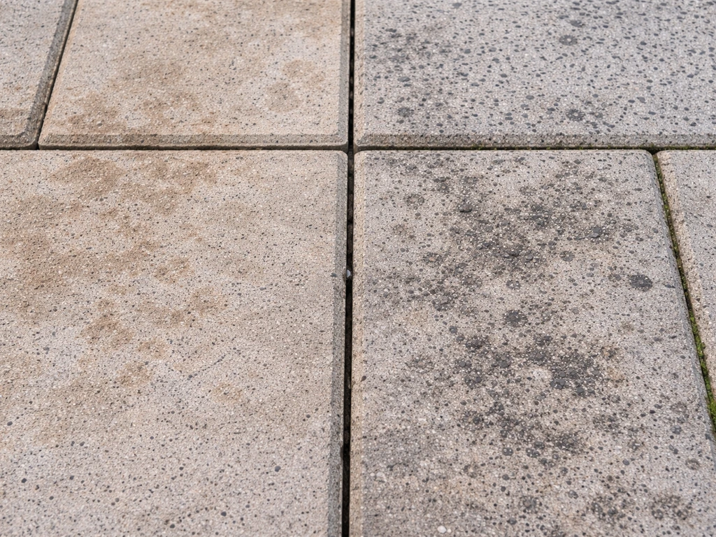 Close-up of patio pavers showing tannin-like stains on one side and mildew-like dark growth on the other.