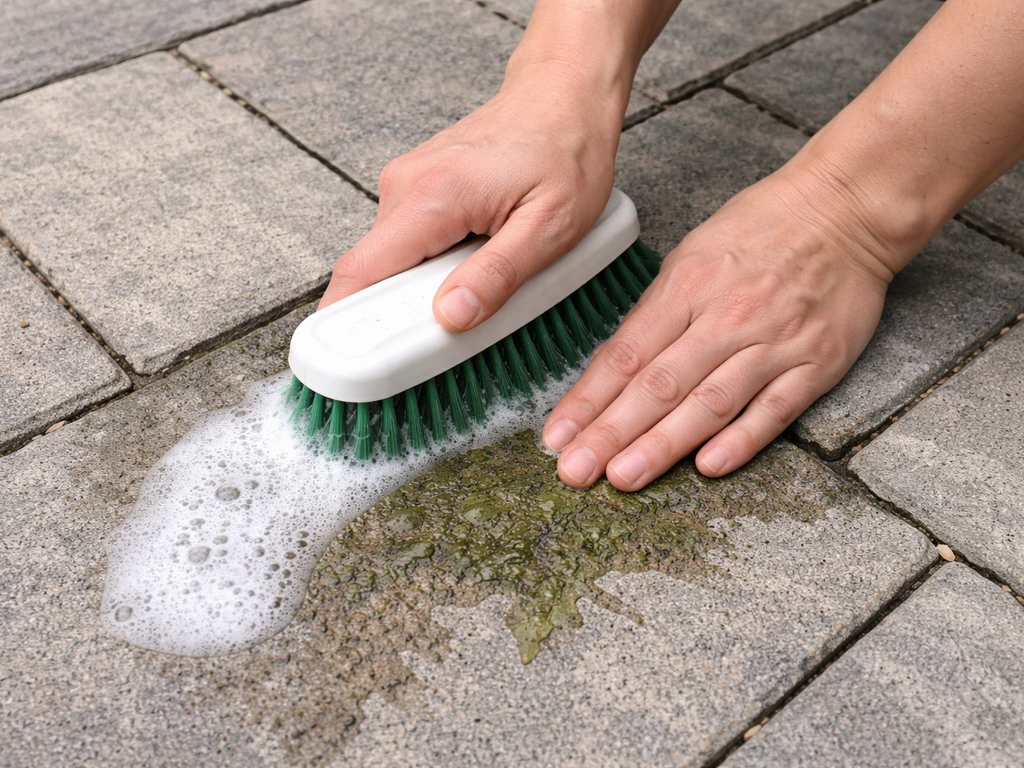 Hands scrub a mild leaf stain on concrete pavers with dish soap and a stiff brush.