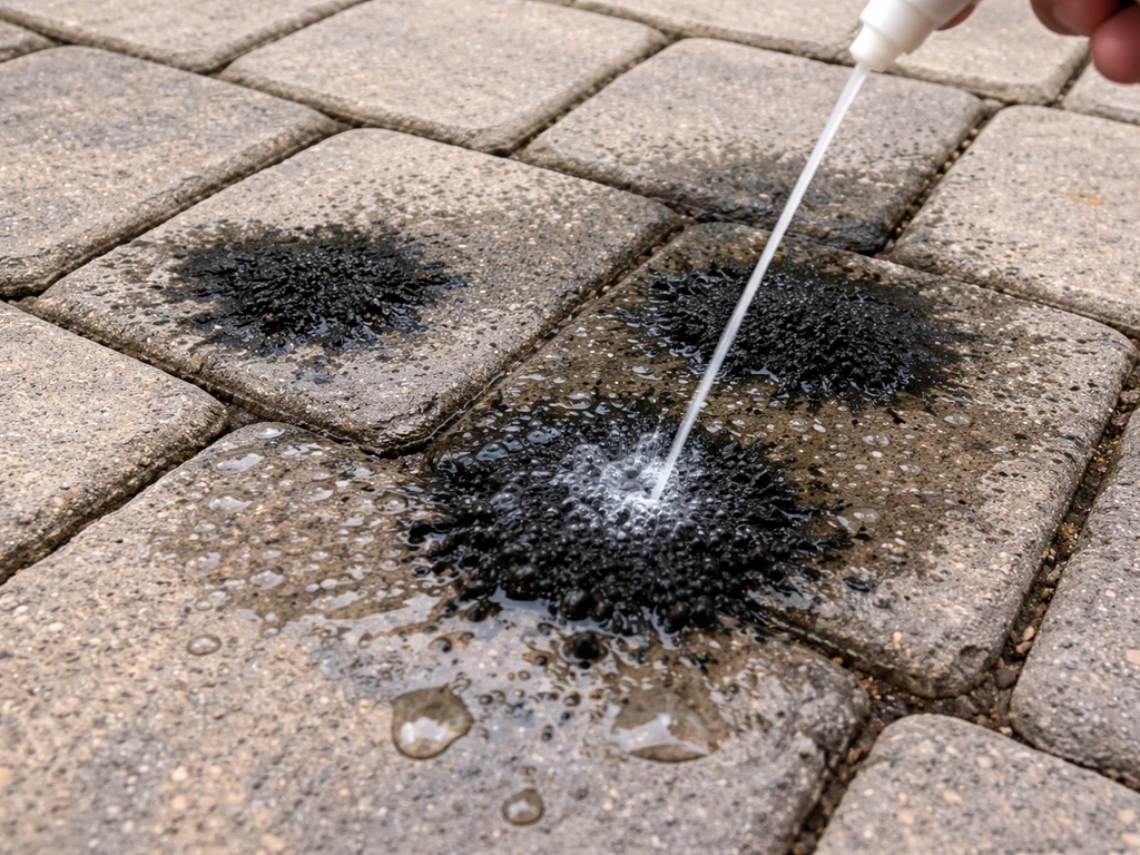 Close-up of paver stains where bleach is applied to slimy black organic growth, not surrounding tannin marks.